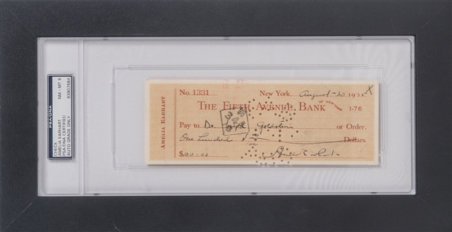 1935 Amelia Earhart Signed & Encapsulated The Fifth Avenue Bank Check Dated 8/20/1935 (PSA/DNA NM-MT 8)